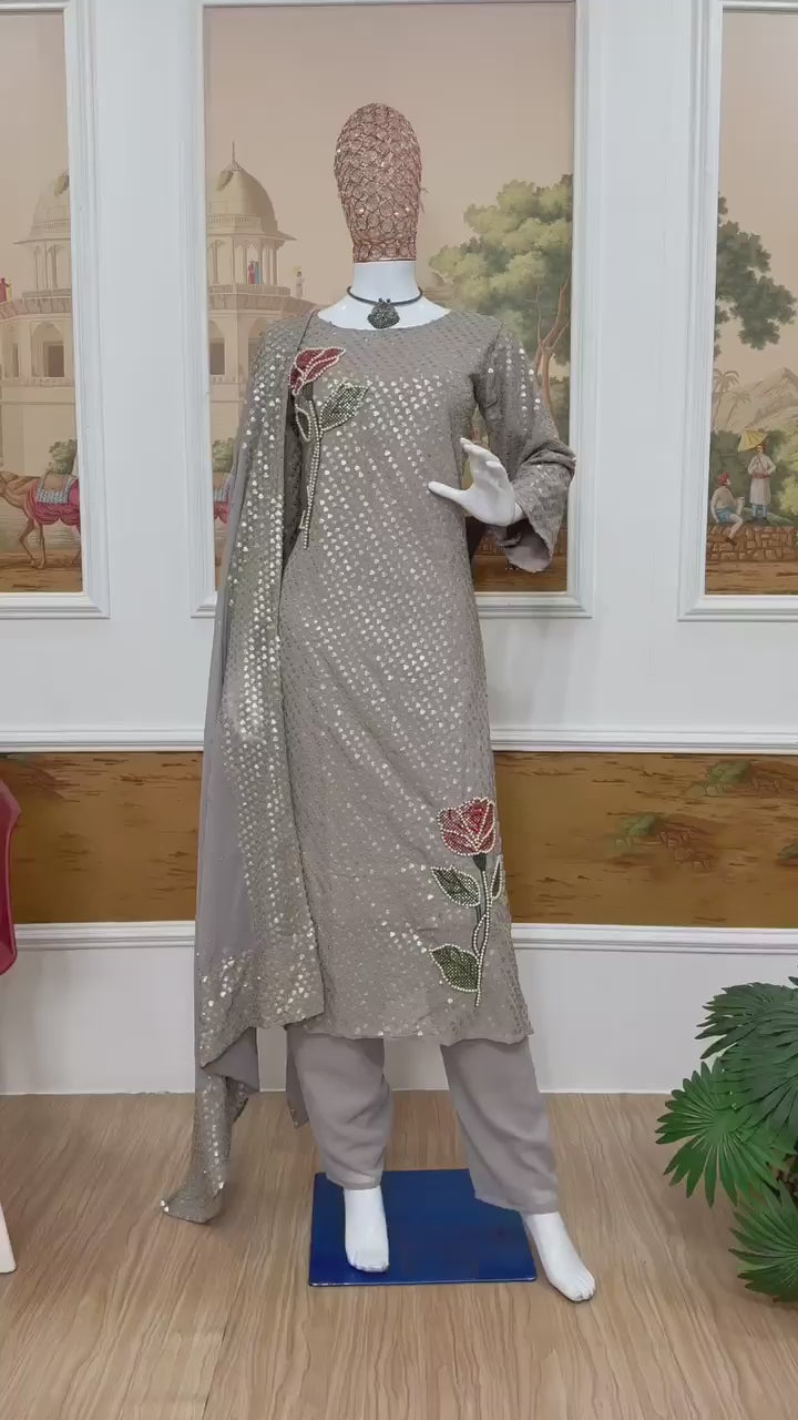 Royal Heritage Embroidered Anarkali Suit Ensemble With Intricate Floral Motifs and Shimmering Details