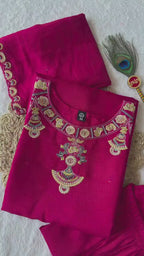 Embroidered Neckline Straight Kurta Set with Scalloped Dupatta