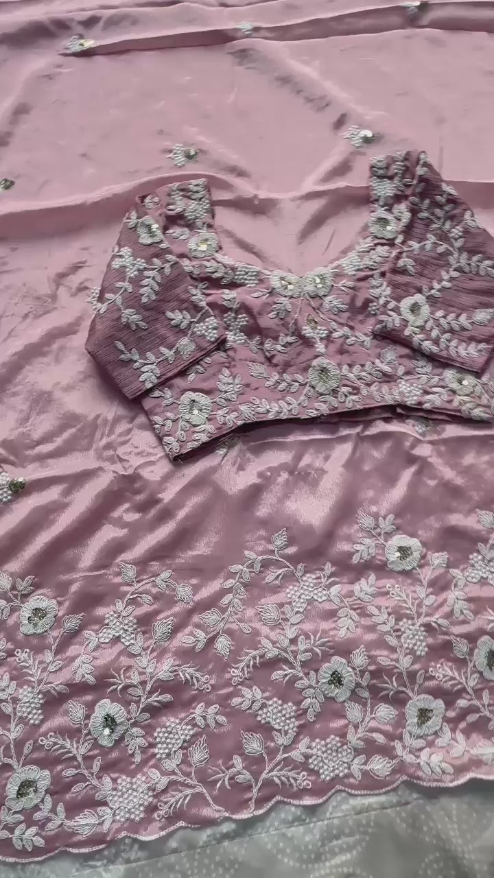 Opulent Luxury Floral Embroidered Saree with Intricate Scalloped Border Detailing