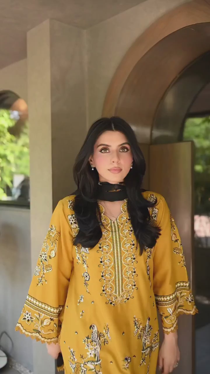 Yellow Roman Silk Kurti with Embroidery GPO Lace Palazzo & Dupatta Set