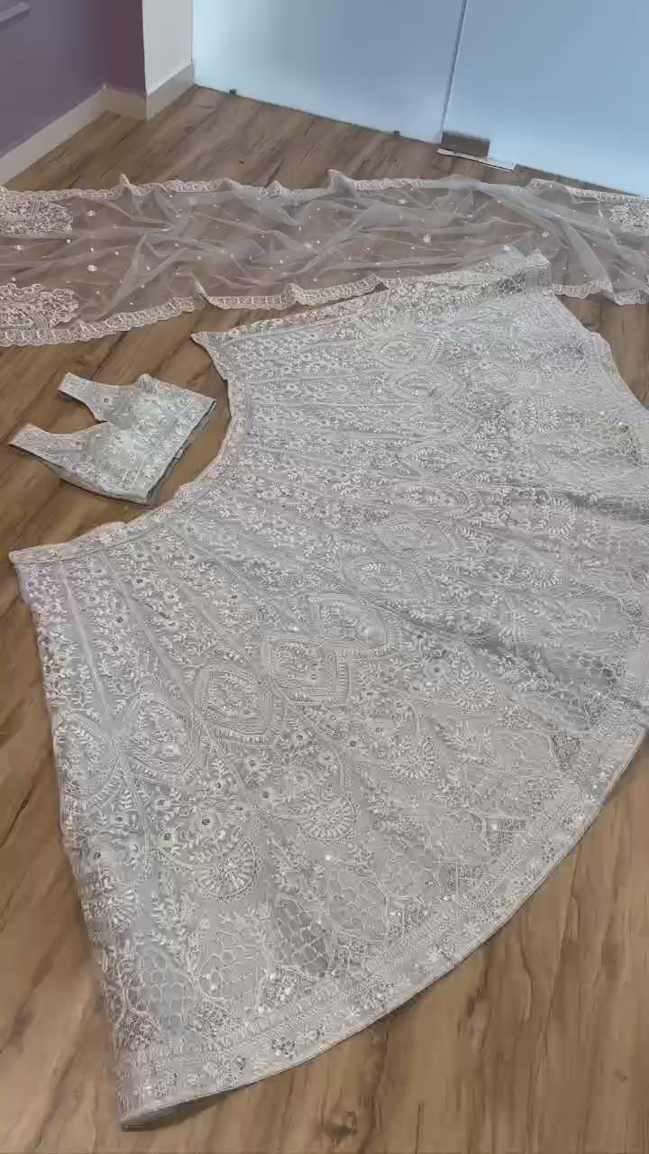 Chikankari Sequined Lehenga Set with Attached Cape Dupatta