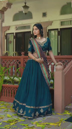 Embroidered Flared Silk Lehenga Set with Printed Dupatta