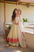 Cream Red Floral Embroidered Cosmos Silk Anarkali Sharara Lehenga Set