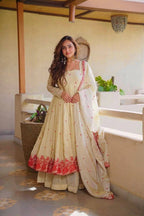 Cream Red Floral Embroidered Cosmos Silk Anarkali Sharara Lehenga Set