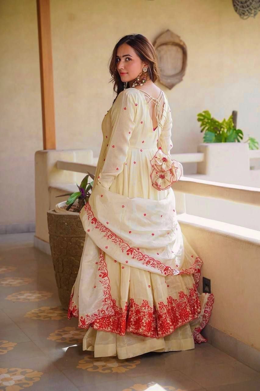 Cream Red Floral Embroidered Cosmos Silk Anarkali Sharara Lehenga Set
