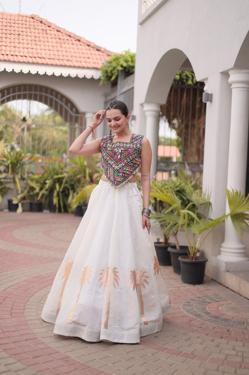 Cream Roman Silk Gota Work Designer Lehenga Set