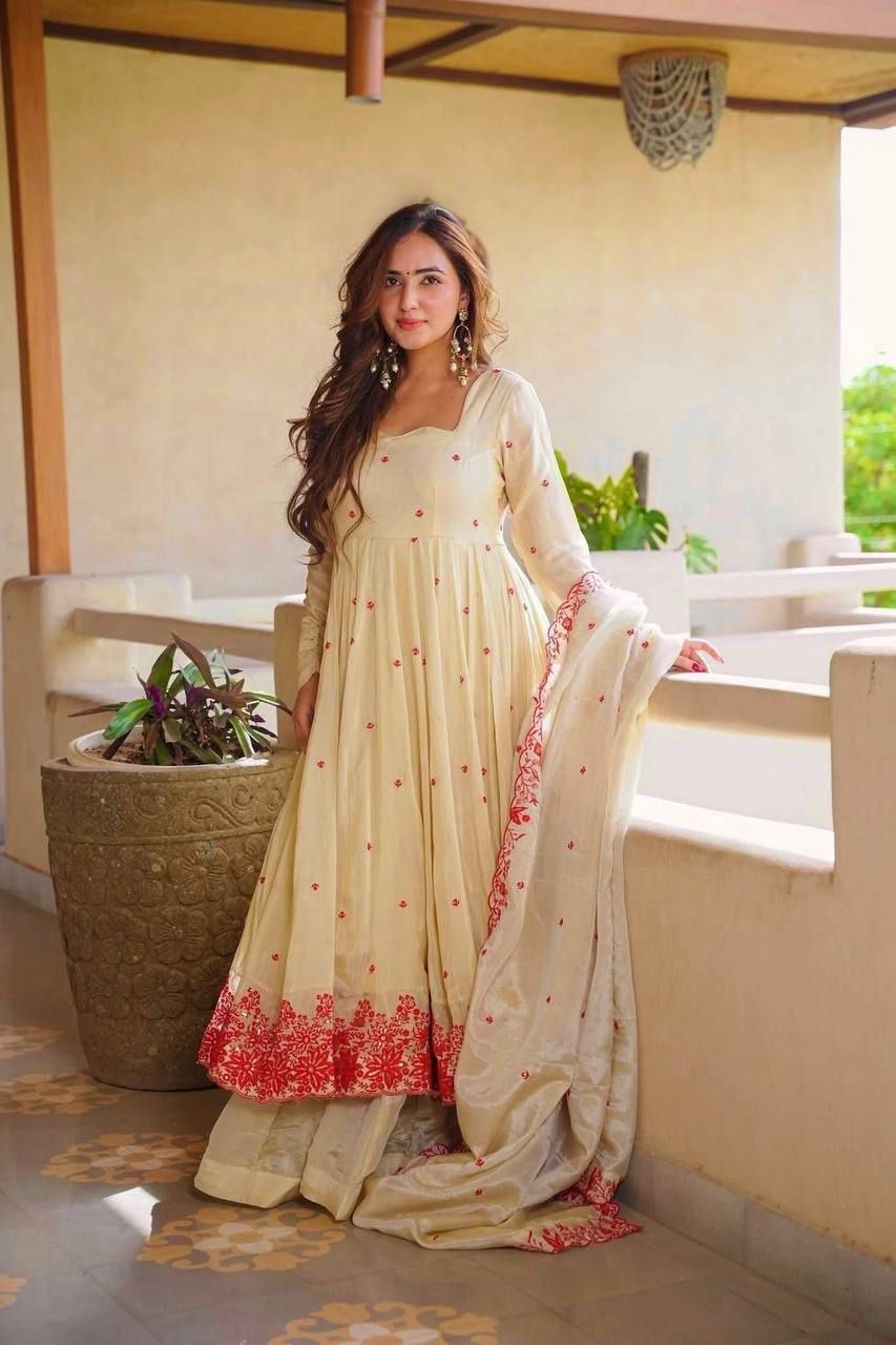 Cream Red Floral Embroidered Cosmos Silk Anarkali Sharara Lehenga Set