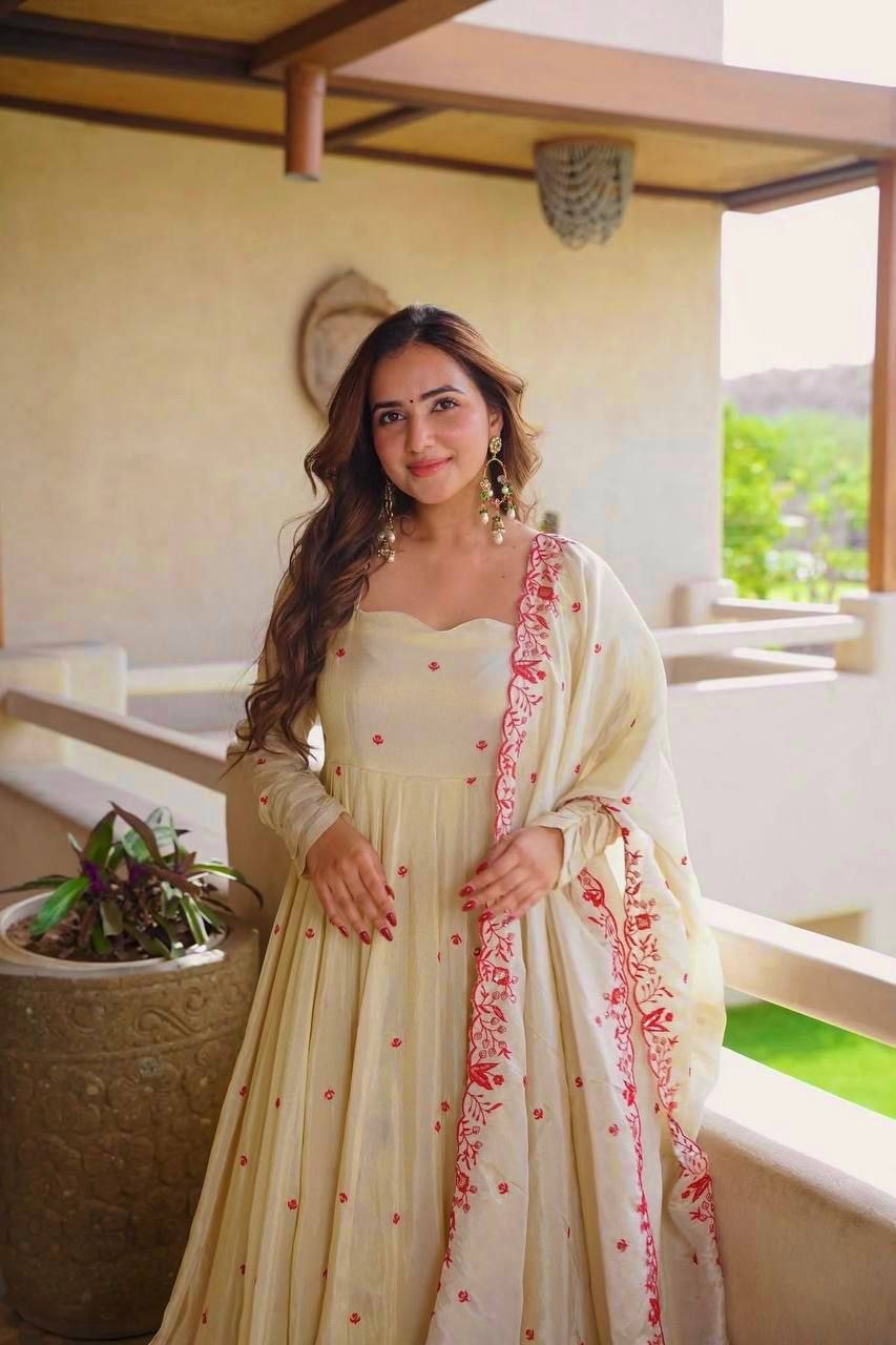 Cream Red Floral Embroidered Cosmos Silk Anarkali Sharara Lehenga Set