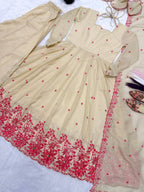 Cream Red Floral Embroidered Cosmos Silk Anarkali Sharara Lehenga Set