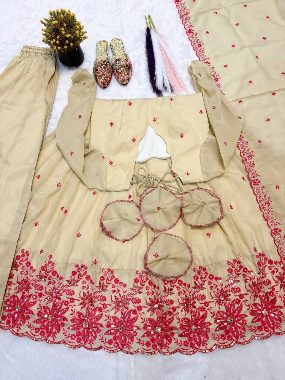 Cream Red Floral Embroidered Cosmos Silk Anarkali Sharara Lehenga Set