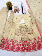 Cream Red Floral Embroidered Cosmos Silk Anarkali Sharara Lehenga Set