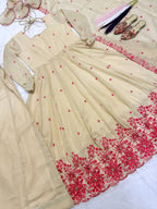 Cream Red Floral Embroidered Cosmos Silk Anarkali Sharara Lehenga Set