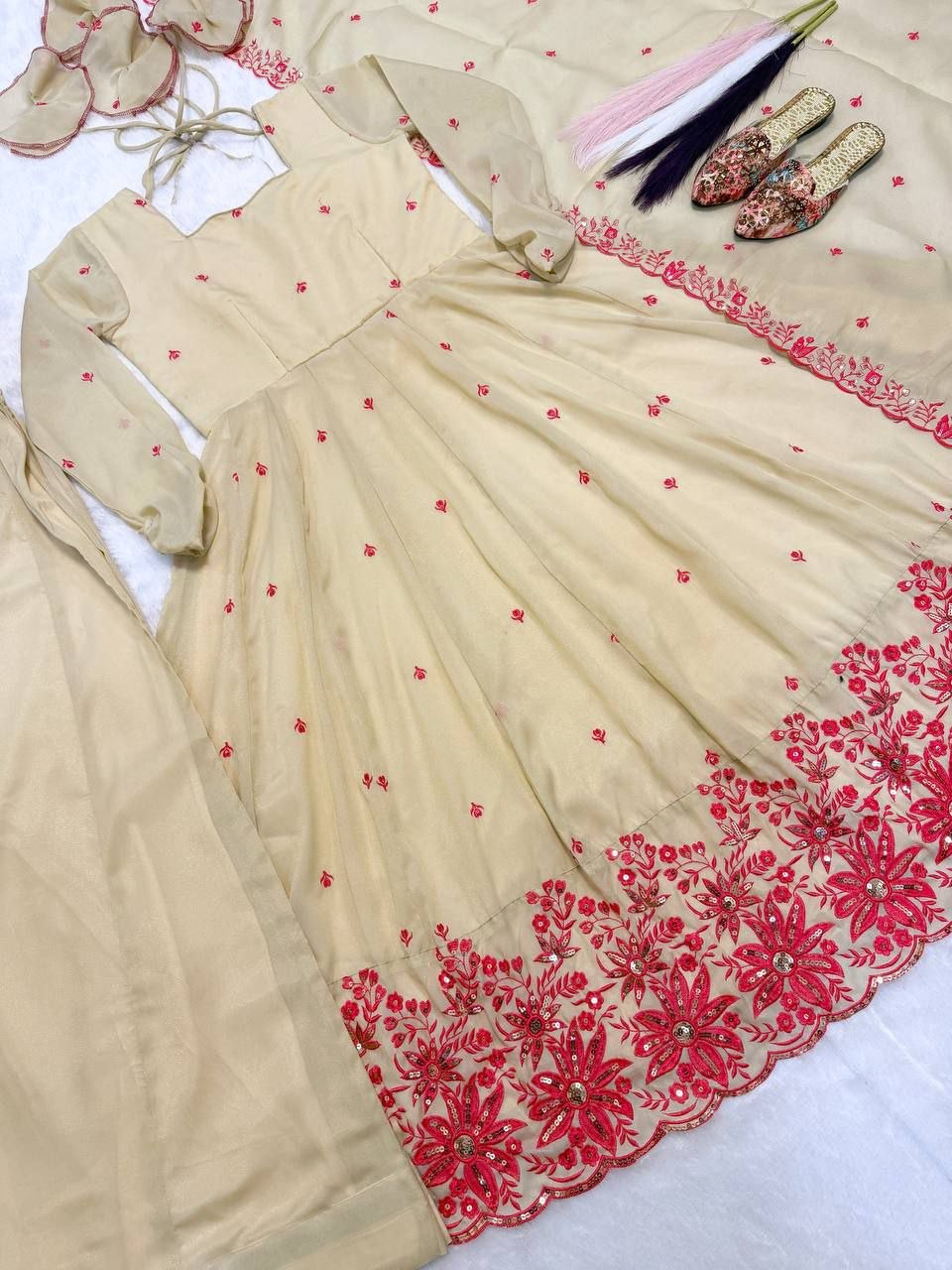 Cream Red Floral Embroidered Cosmos Silk Anarkali Sharara Lehenga Set