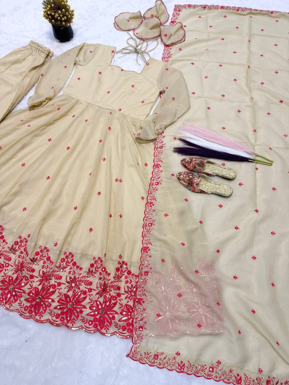 Cream Red Floral Embroidered Cosmos Silk Anarkali Sharara Lehenga Set