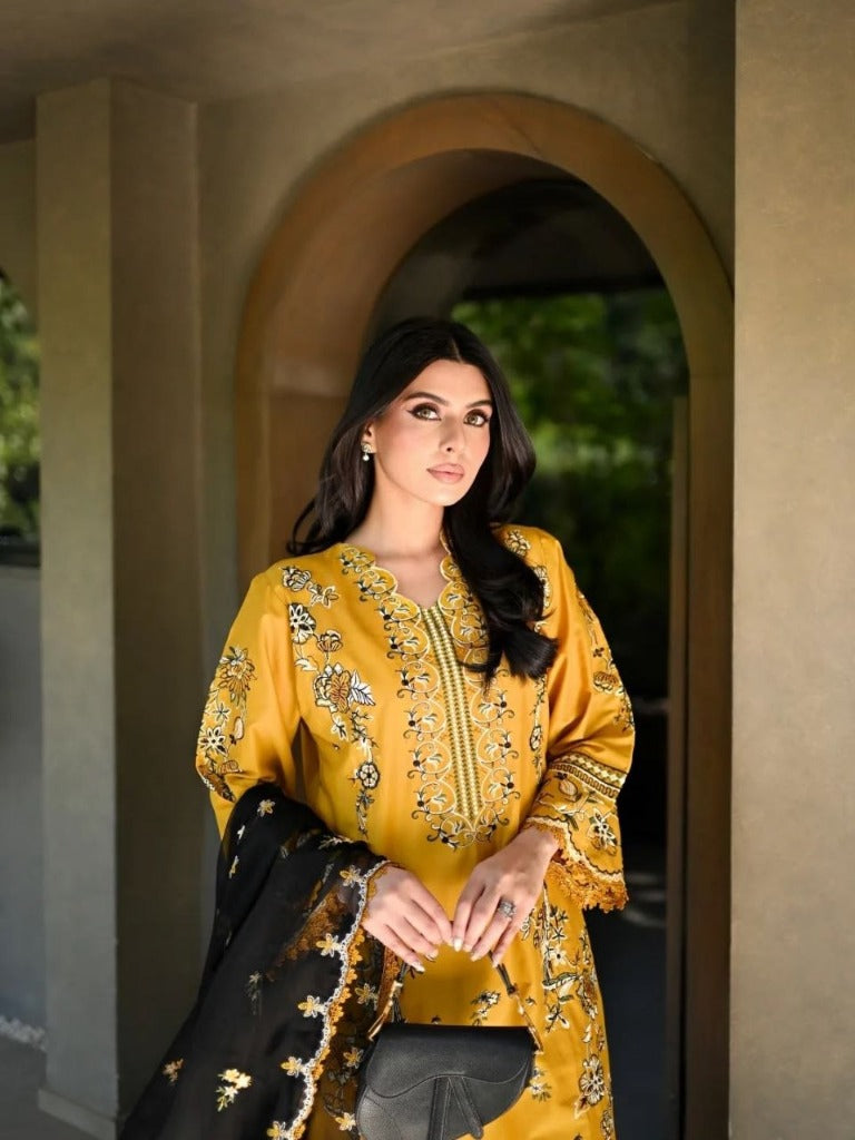 Yellow Roman Silk Kurti with Embroidery GPO Lace Palazzo & Dupatta Set