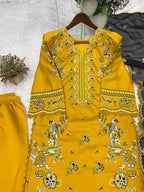 Yellow Roman Silk Kurti with Embroidery GPO Lace Palazzo & Dupatta Set