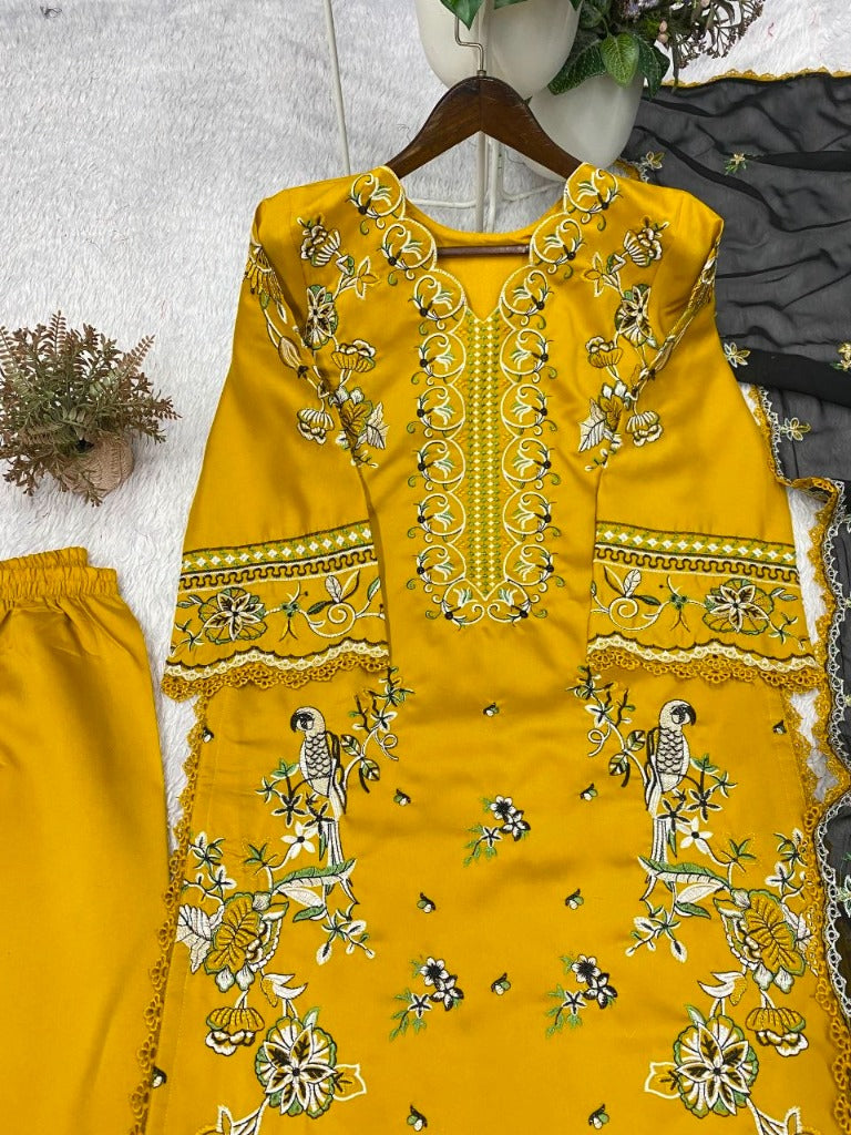 Yellow Roman Silk Kurti with Embroidery GPO Lace Palazzo & Dupatta Set