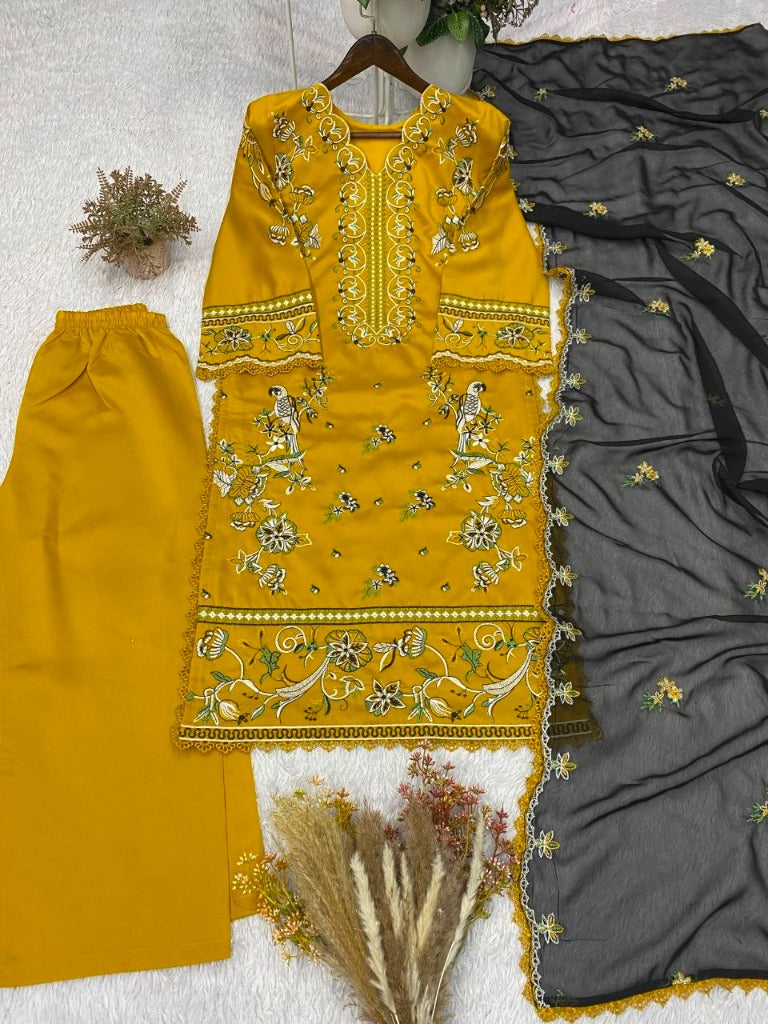 Yellow Roman Silk Kurti with Embroidery GPO Lace Palazzo & Dupatta Set
