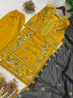 Yellow Roman Silk Kurti with Embroidery GPO Lace Palazzo & Dupatta Set